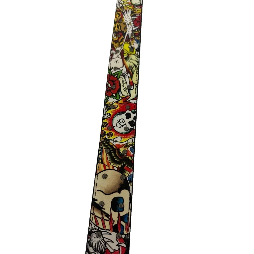 Ed Hardy Men's Skull Tiger Panther Print Belt With Hammered Rivet Studs SZ 40 NW